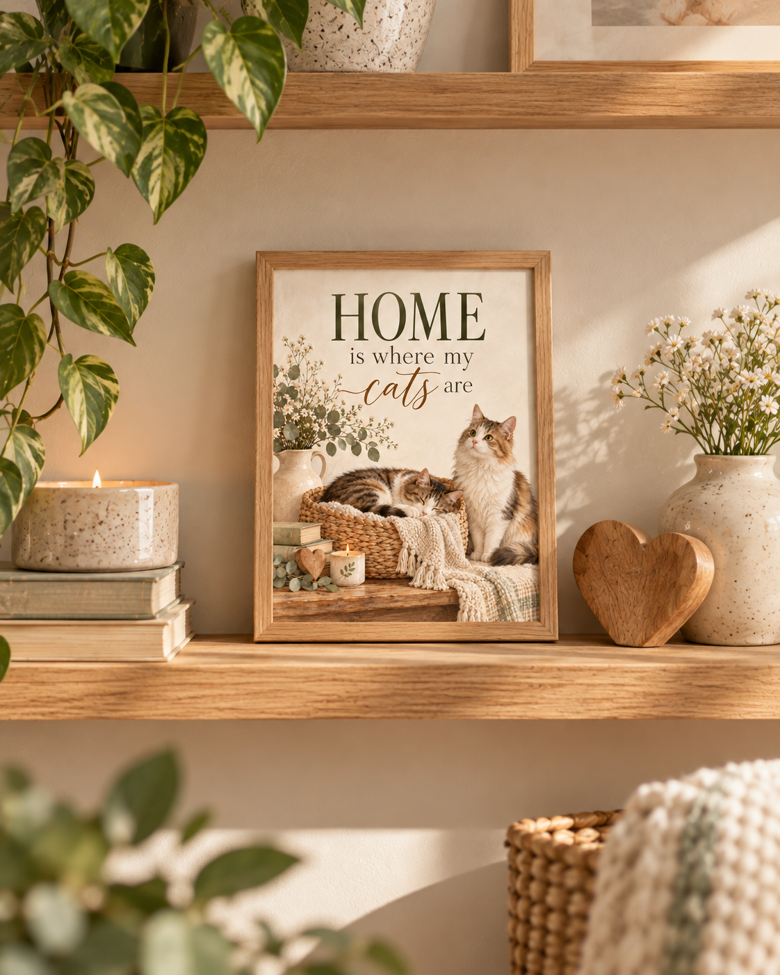 Home is where my cats are artwork with a cat sleeping in a woven basket and another sitting beside it, flowers, books, candle and knitted blankets styled in a shelf