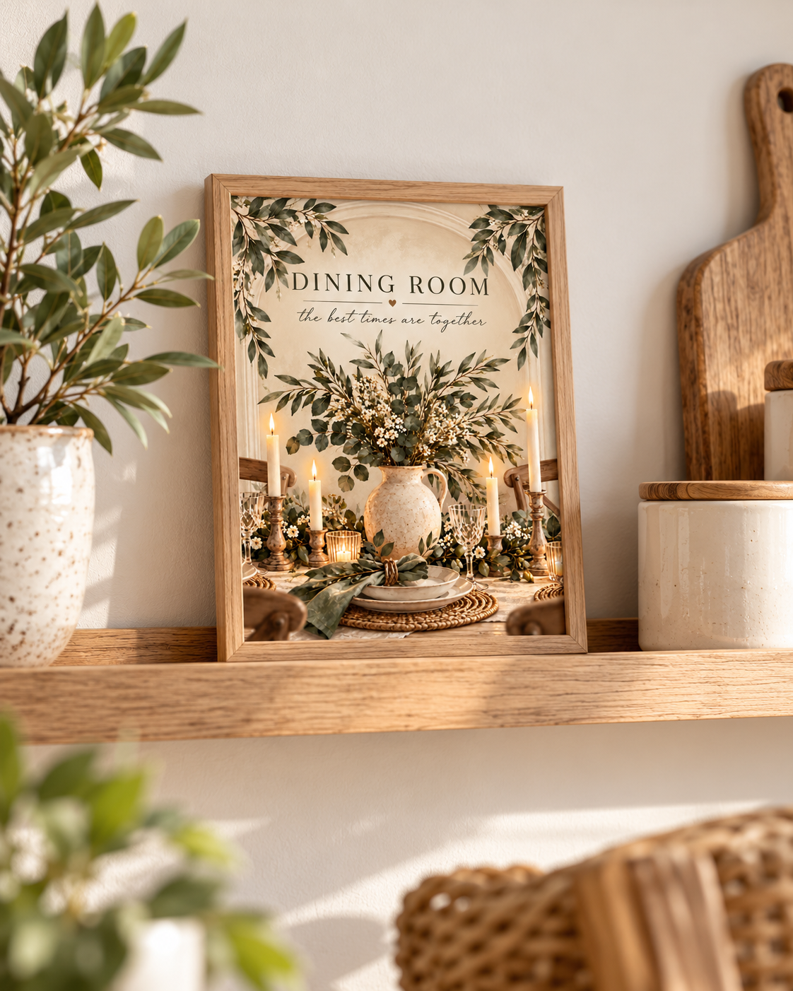 Dining Room the best times are together quote with sage greenery, white flowers, ceramic jug, candles and rustic table setting styled in a shelf display