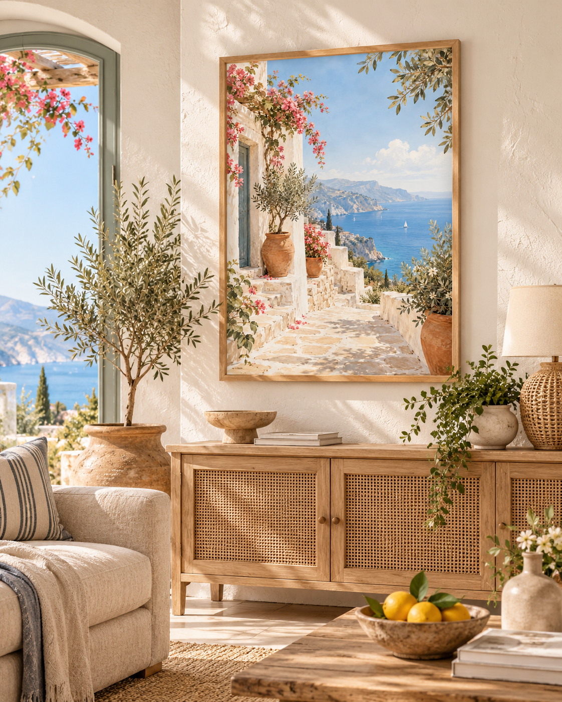 Mediterranean coastal scene with pink bougainvillea, whitewashed walls, terracotta pots and blue sea styled in a living room