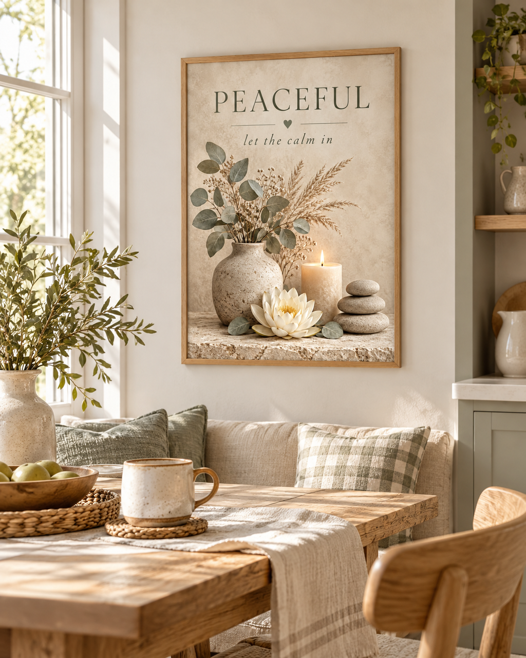 Peaceful let the calm in botanical artwork with eucalyptus, dried grasses, lotus flower, candle and stacked stones styled in a dining area