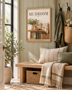 Mudroom artwork with green wellies, country flowers, baskets and rustic bench in a styled home display