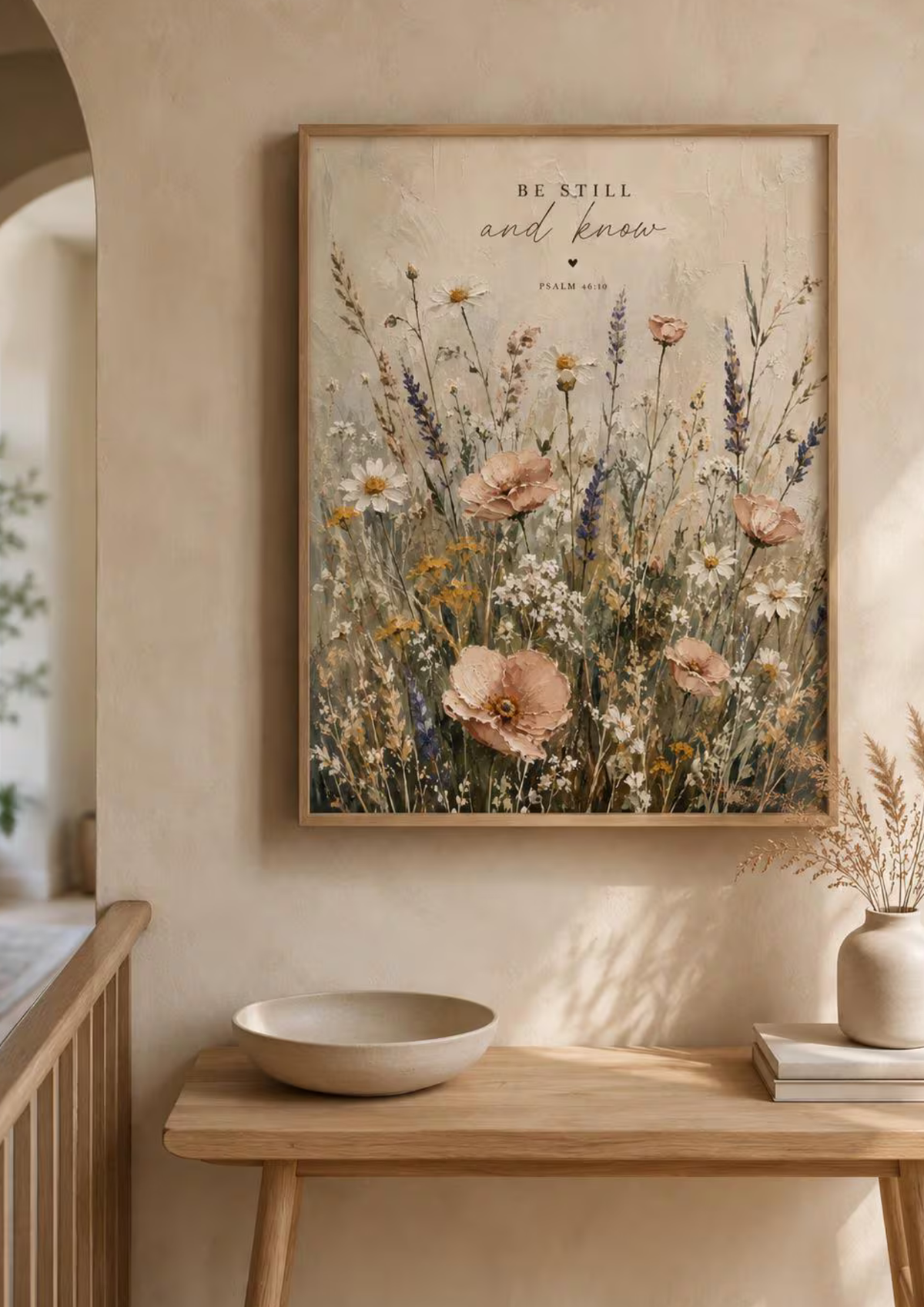 Be Still and Know Psalm 46:10 artwork with a softly painted wildflower meadow above a sideboard
