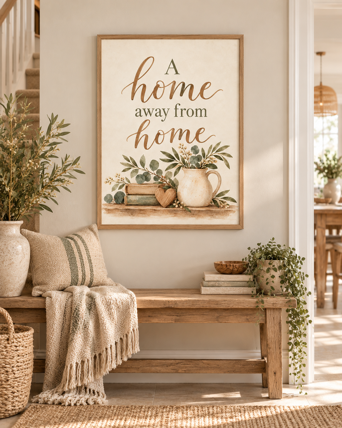 A Home Away From Home quote in warm brown lettering with sage-green botanical foliage, vintage books, wooden heart and rustic ceramic jug styled in a hallway bench display