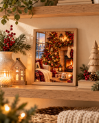 Cosy Christmas living room with a decorated tree, glowing fireplace, stockings and snowy cottage view styled in a shelf display