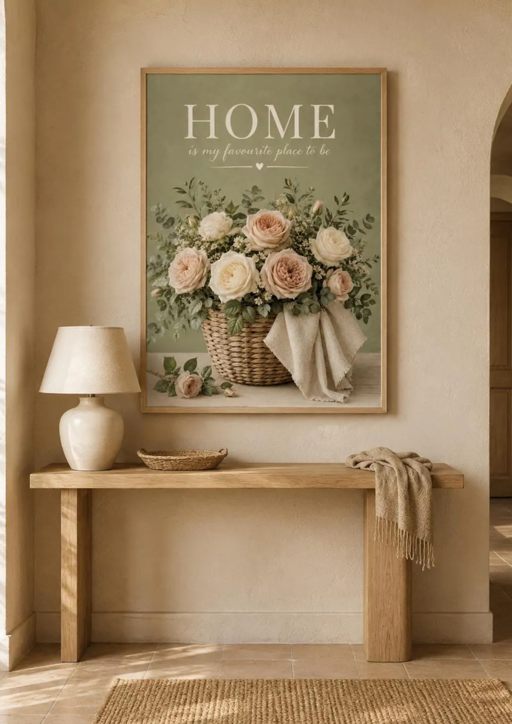 Home is my favourite place to be artwork with blush and ivory roses in a woven basket styled in a hallway