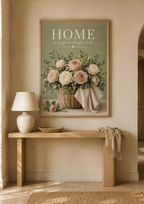 Home is my favourite place to be artwork with blush and ivory roses in a woven basket styled in a hallway