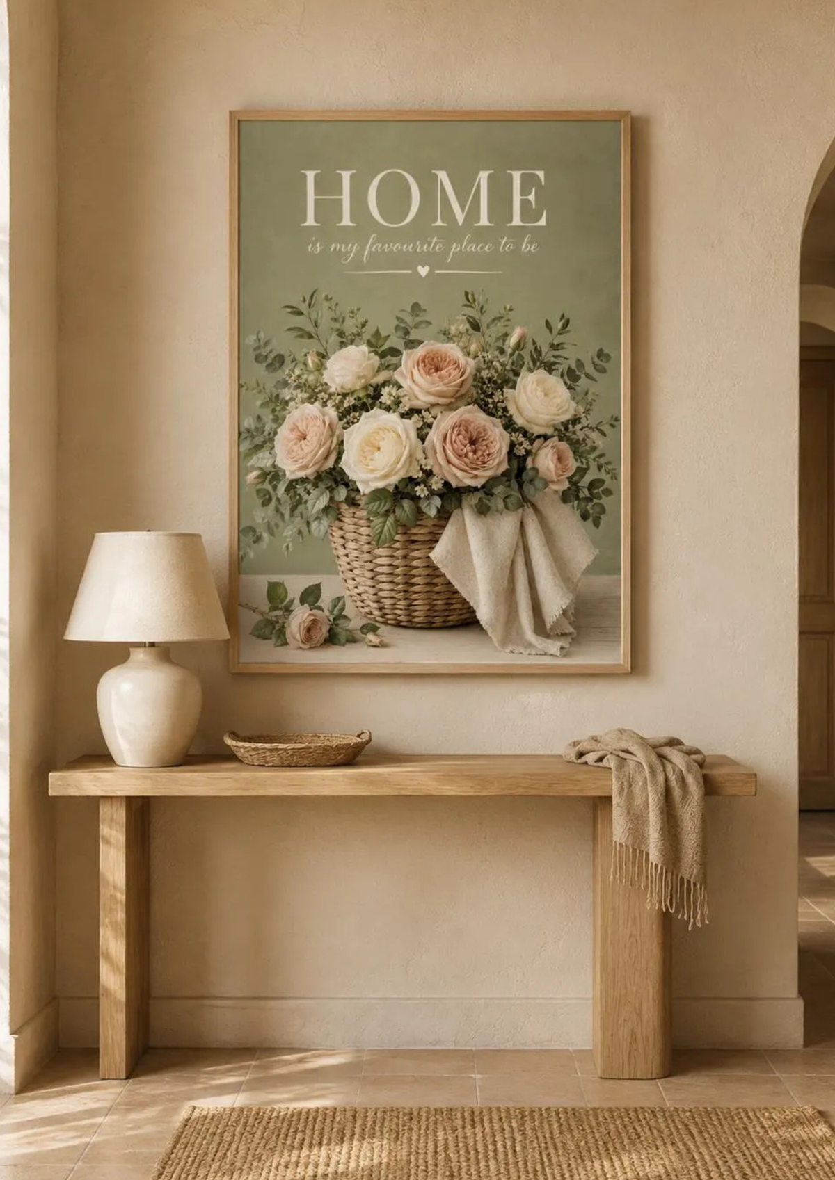 Home is my favourite place to be artwork with blush and ivory roses in a woven basket styled in a hallway
