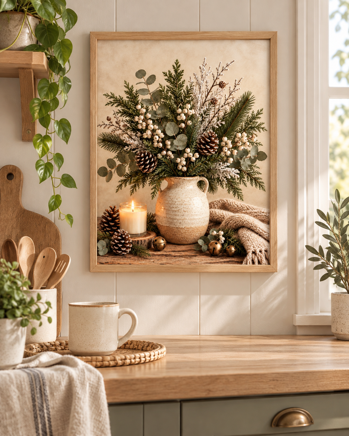 Winter botanical still life with evergreen foliage, eucalyptus, white berries and pine cones in a rustic jug, candle, brass bells and knitted blanket styled in a kitchen