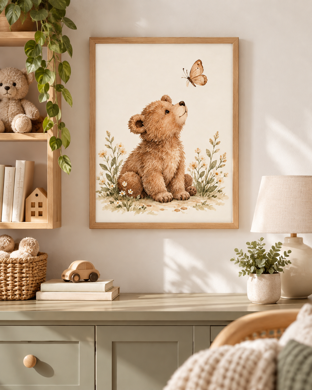 Watercolour teddy bear with paws resting down, looking up at a butterfly among daisies and soft foliage styled in a reading corner