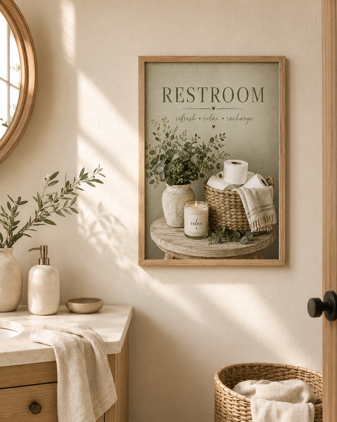 Sage green Restroom artwork styled in a warm neutral bathroom 1; frame shown for styling only.