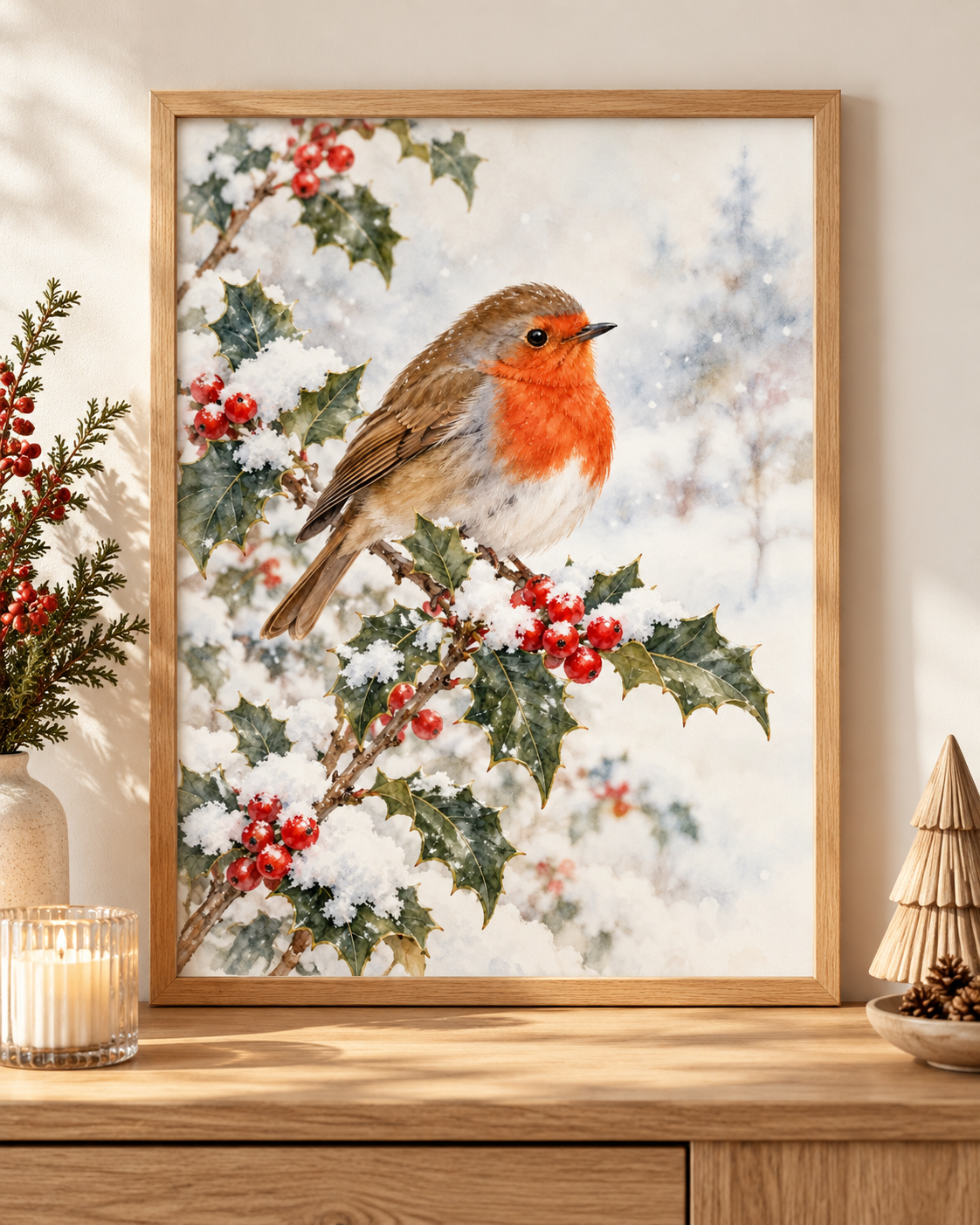 Winter robin perched on snowy holly branches with red berries and a softly painted winter background; print only, frame not included