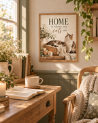 Home is where my cats are artwork with a cat sleeping in a woven basket and another sitting beside it, flowers, books, candle and knitted blankets styled in a desk