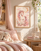 Pink and lilac watercolour unicorn with floral crown, golden crescent moon and stars styled in a nursery reading corner