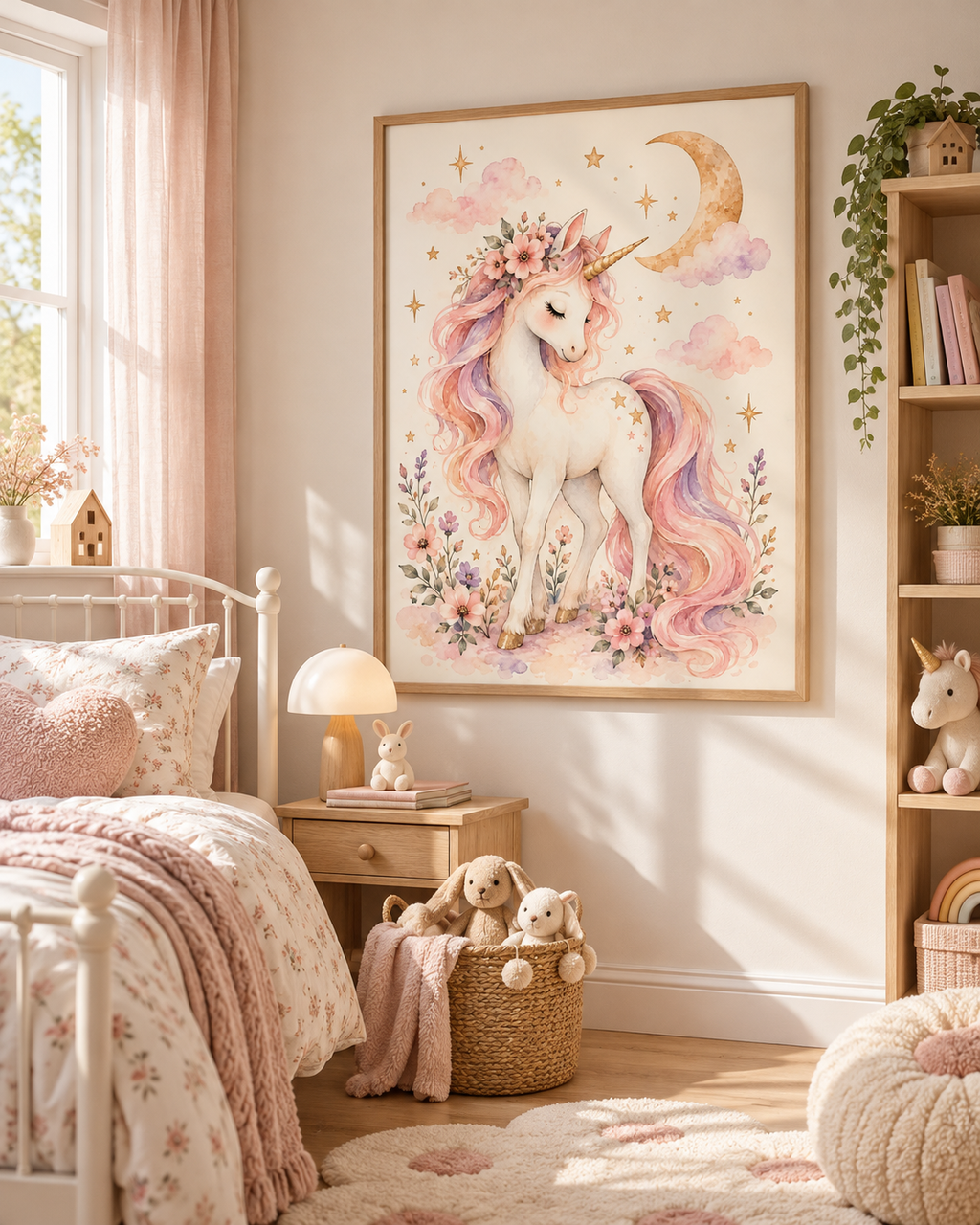 Pink and lilac watercolour unicorn with floral crown, golden crescent moon and stars styled in a nursery dresser