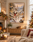 Christmas reindeer in a snowy woodland with festive lights, red ribbon, lantern and cosy mountain cottage styled in a living room