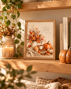 Autumn cosy nights quote with pumpkins, falling leaves, rustic vase, warm drink and knitted blanket styled in a shelf display
