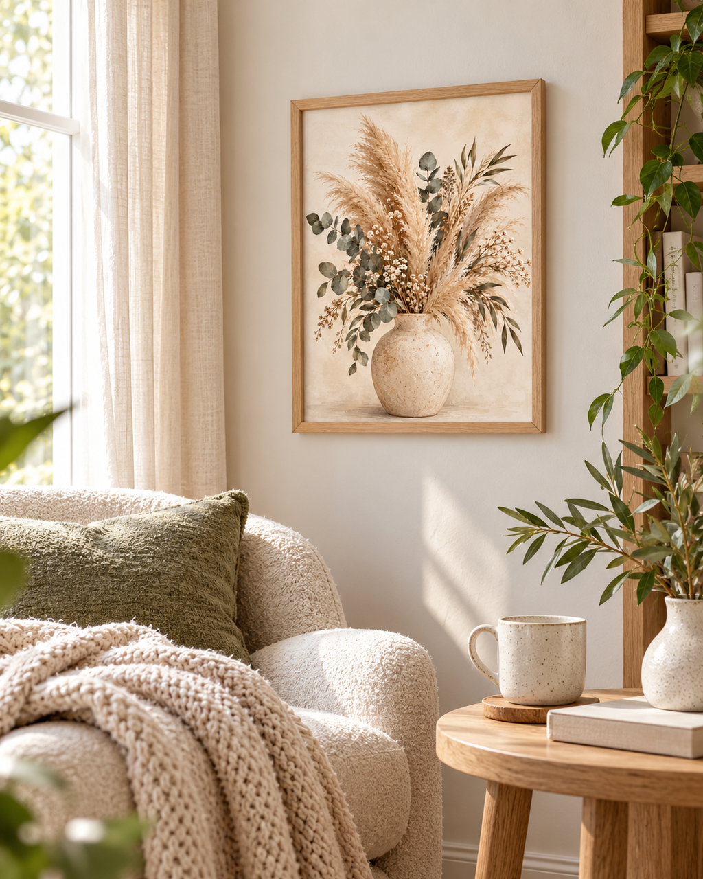Neutral pampas grass, eucalyptus and tiny white flowers arranged in a rustic ceramic vase styled in a reading corner