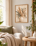 Neutral pampas grass, eucalyptus and tiny white flowers arranged in a rustic ceramic vase styled in a reading corner