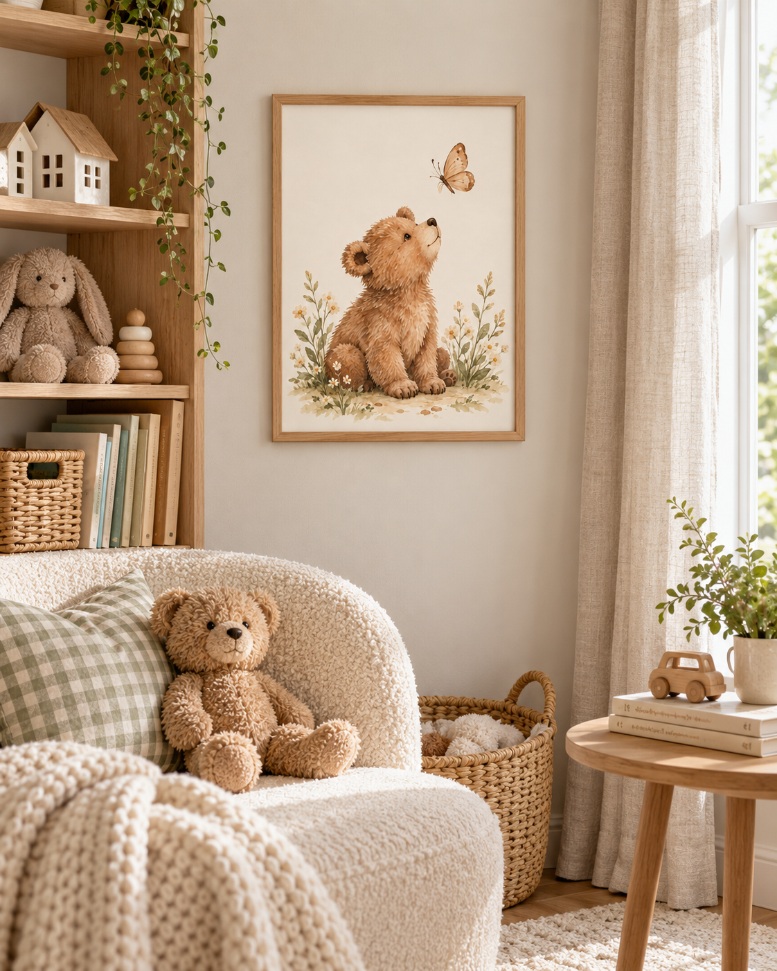 Watercolour teddy bear with paws resting down, looking up at a butterfly among daisies and soft foliage styled in a nursery