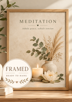 Meditation artwork with the words inhale peace, exhale tension, botanical stems, lotus flower, candle and stones; framed and ready to hang badge