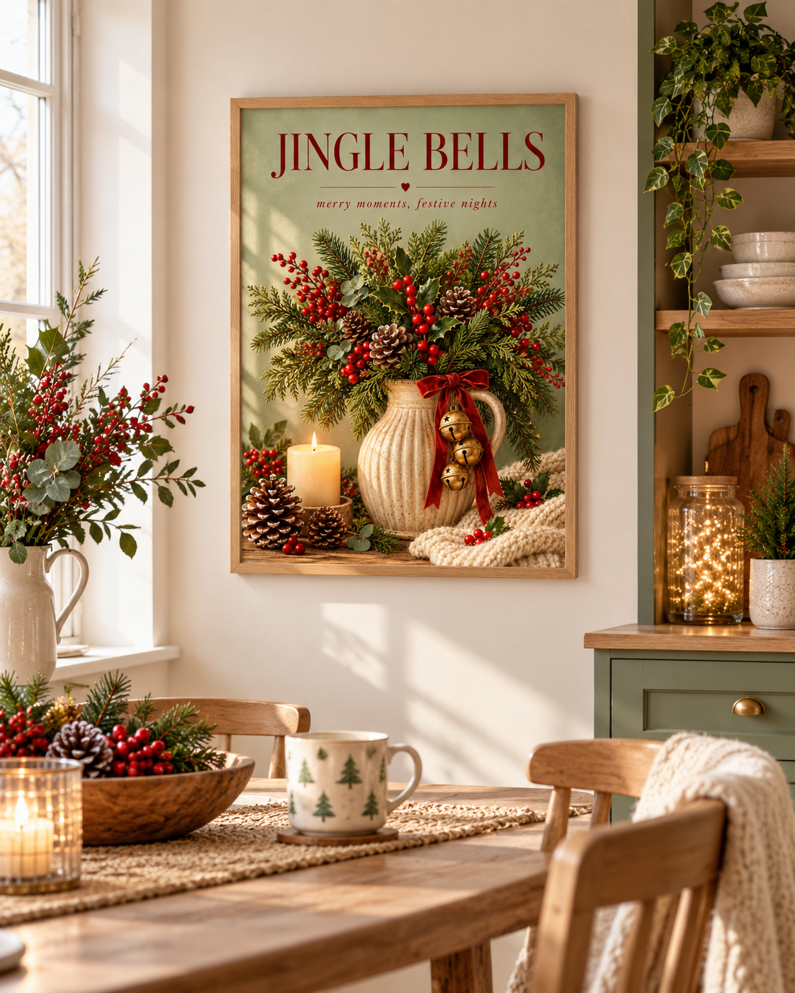 Jingle Bells Christmas artwork with evergreen foliage, red berries, gold bells, candle and pine cones styled in a dining area