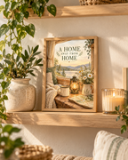 A Home Away From Home quote with lakeside view, lantern, mug, map, wildflowers and cosy blanket styled in a shelf display
