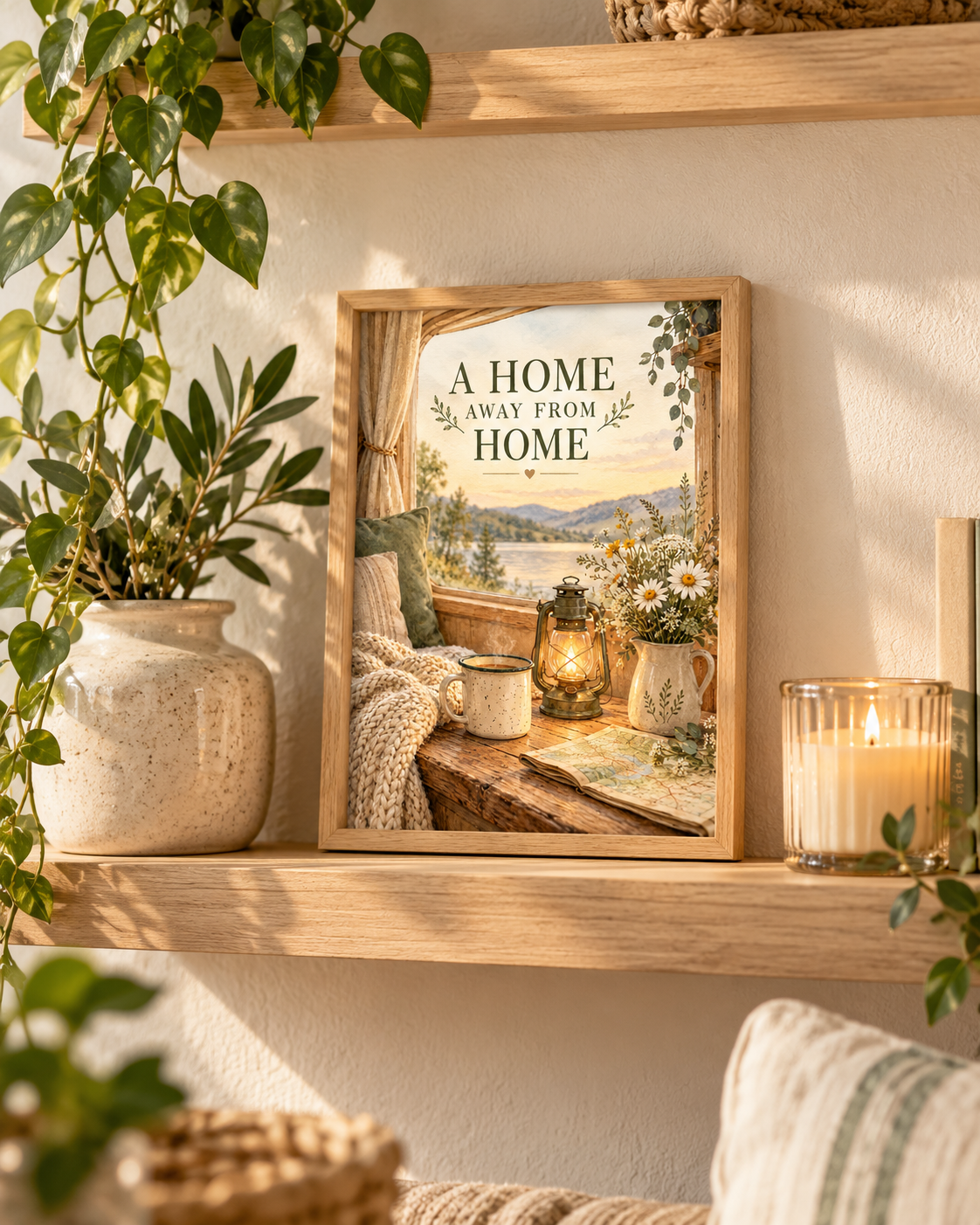 A Home Away From Home quote with lakeside view, lantern, mug, map, wildflowers and cosy blanket styled in a shelf display