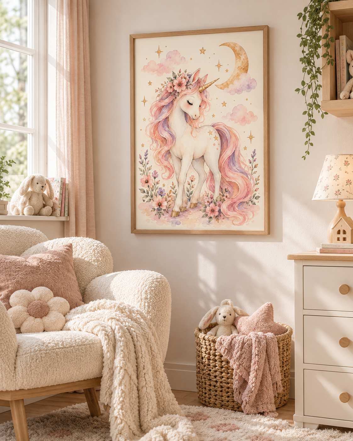 Pink and lilac watercolour unicorn with floral crown, golden crescent moon and stars styled in a nursery window