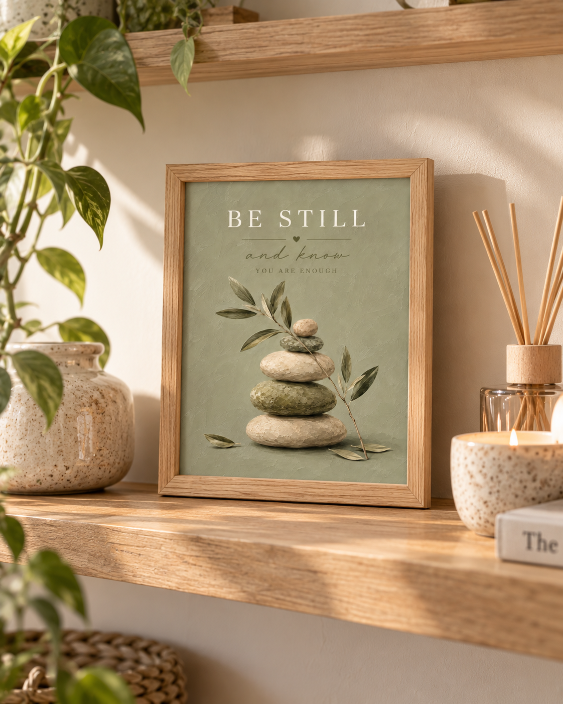 Be Still and Know You Are Enough quote with sage-green balancing stones and delicate olive branches styled in a shelf display