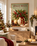 Jingle Bells Christmas artwork with evergreen foliage, red berries, gold bells, candle and pine cones styled in a living room