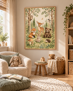 Watercolour woodland animals with fawn, fox, bear cub, bunny, hedgehog, owl and bird among trees and flowers styled in a reading corner