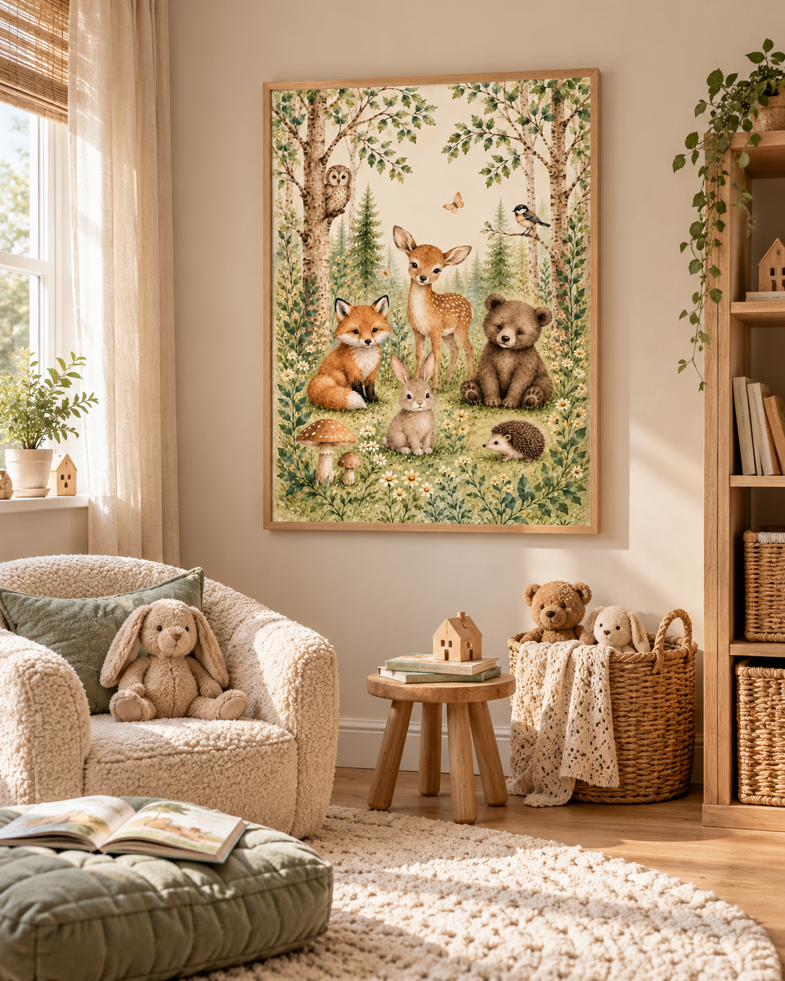 Watercolour woodland animals with fawn, fox, bear cub, bunny, hedgehog, owl and bird among trees and flowers styled in a reading corner