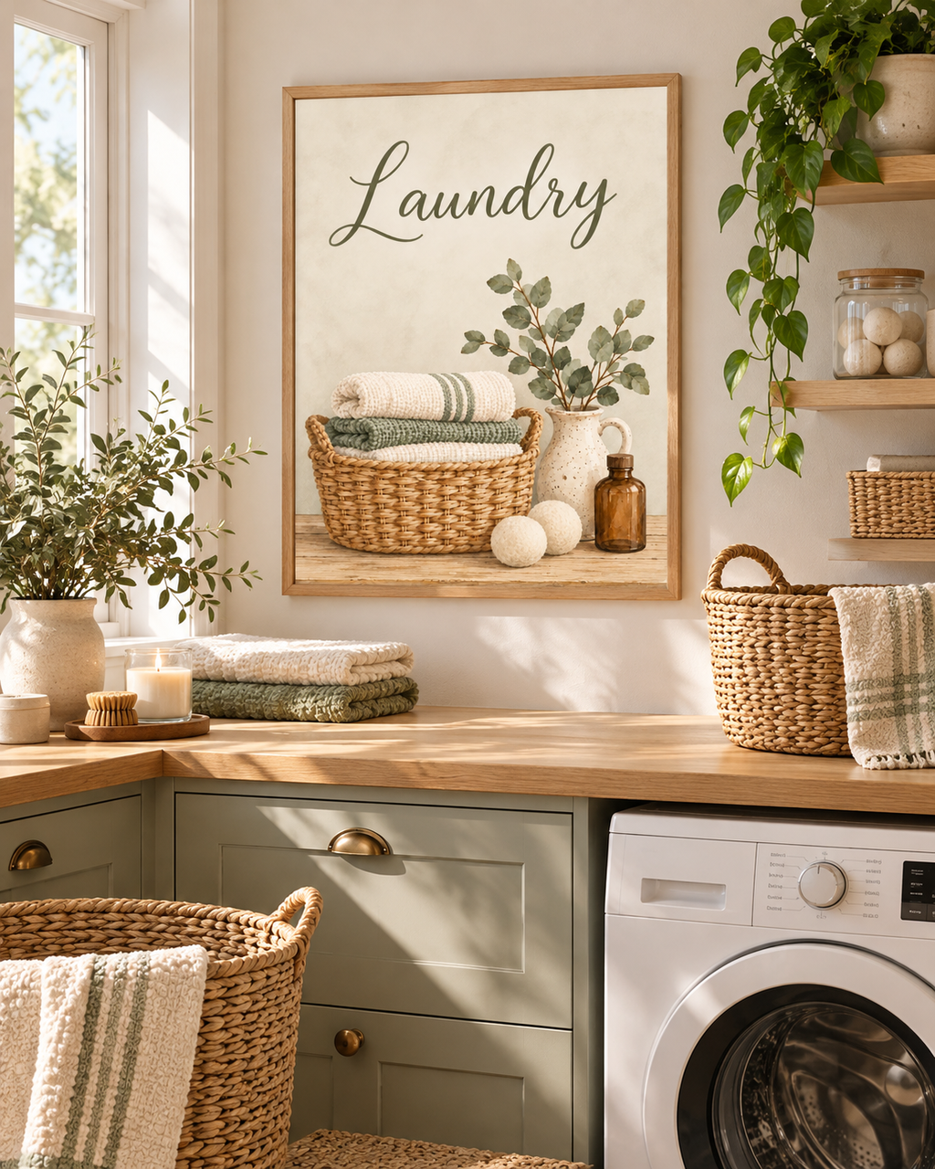 Laundry artwork with olive-green script, woven basket of folded towels, leafy ceramic jug, wool dryer balls and amber bottle styled in a laundry counter