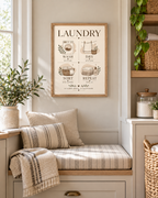 Wash Dry Sort Repeat laundry artwork with washing machine, drying line, woven basket, folded towels and botanical sprigs styled in a laundry nook
