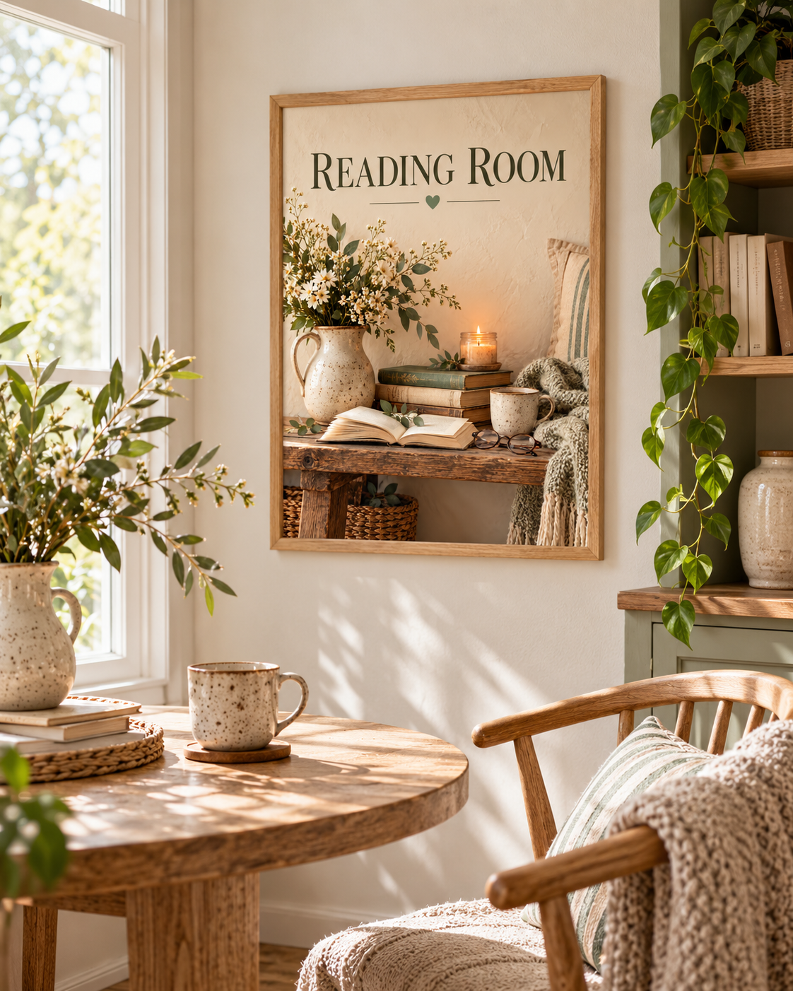 Reading Room still life with books, reading glasses, coffee, candle and flowers in a cream jug in a styled home display