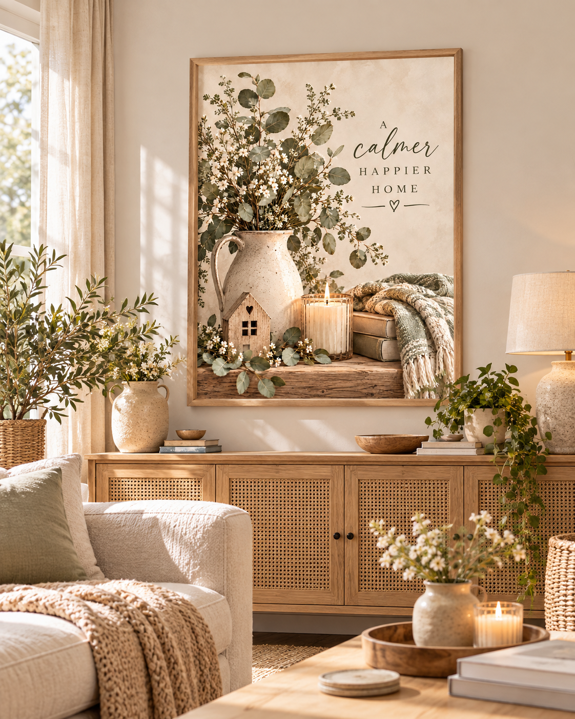 A calmer happier home botanical artwork with eucalyptus, white wildflowers, rustic jug, candle, wooden house and knitted blanket styled in a living room