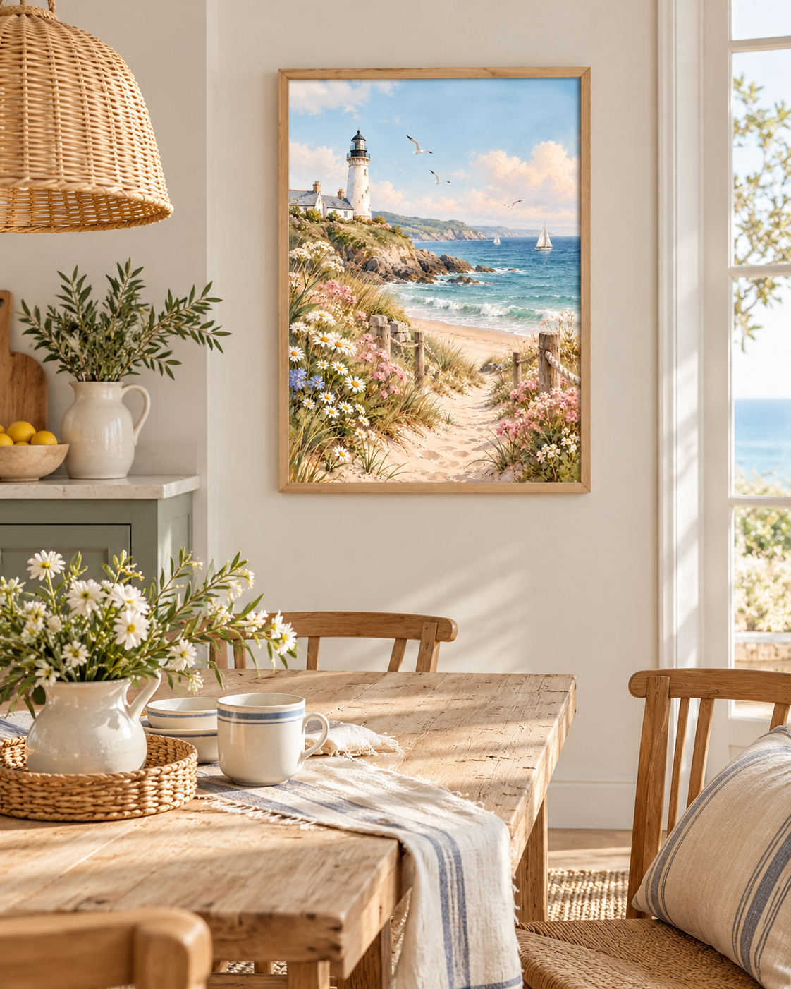 White coastal lighthouse above a sandy beach path with turquoise waves, sailboats, white daisies and pink wildflowers styled in a dining area