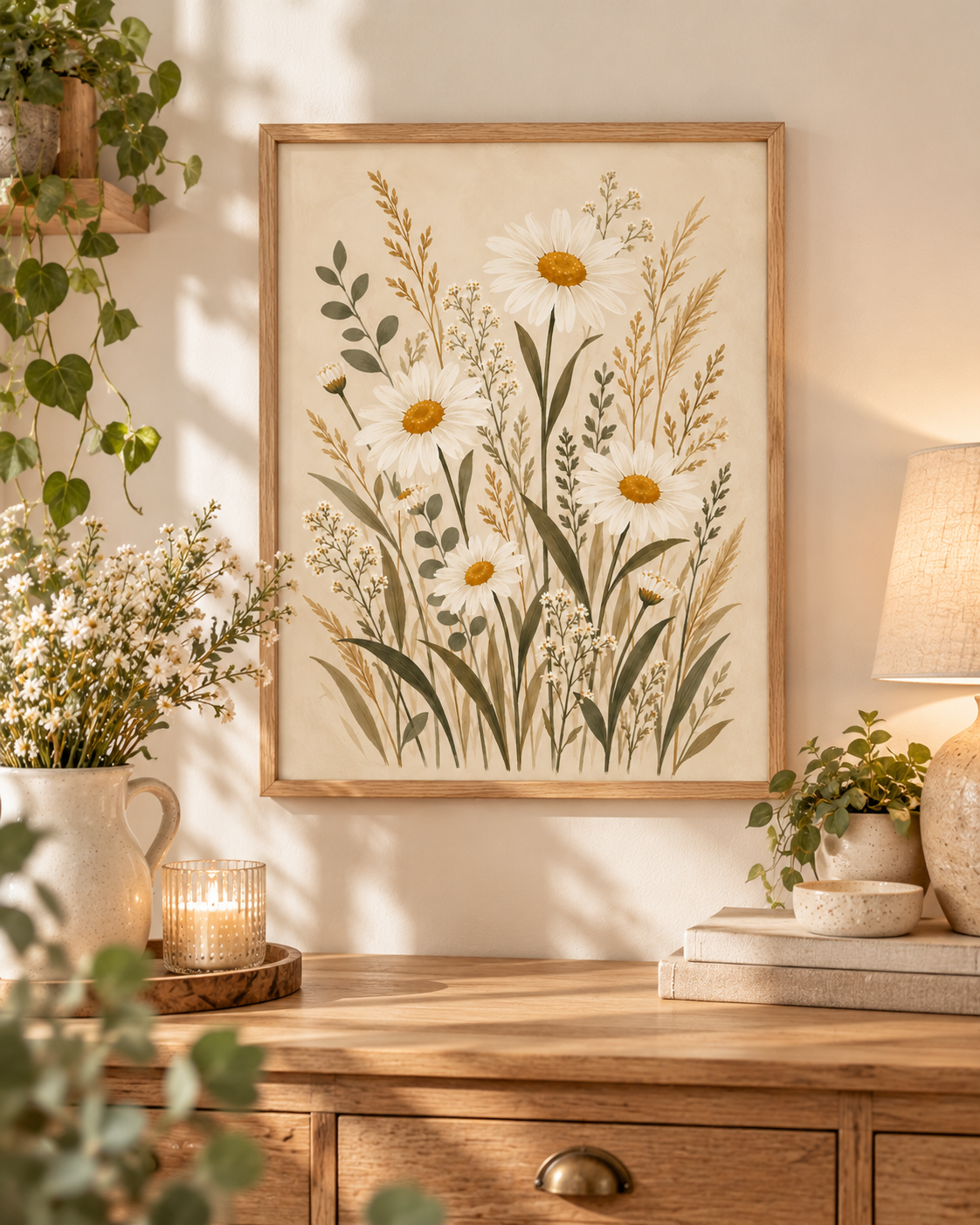 Cream daisy wildflowers with sage green foliage styled in a console