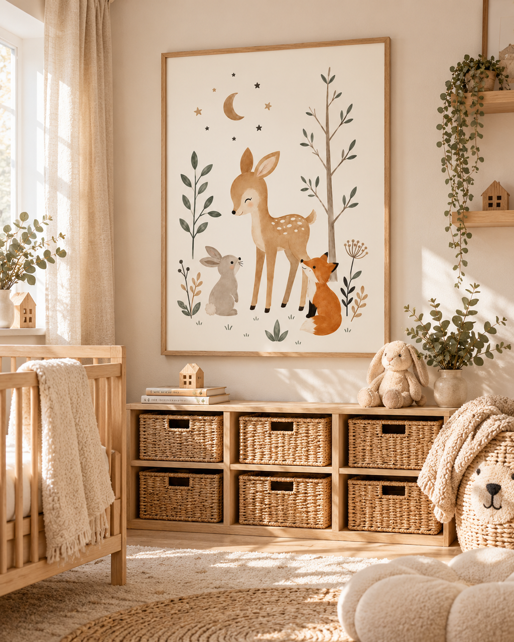Woodland nursery fawn, fox and rabbit with moon, stars and sage foliage styled in a nursery