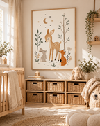 Woodland nursery fawn, fox and rabbit with moon, stars and sage foliage styled in a nursery