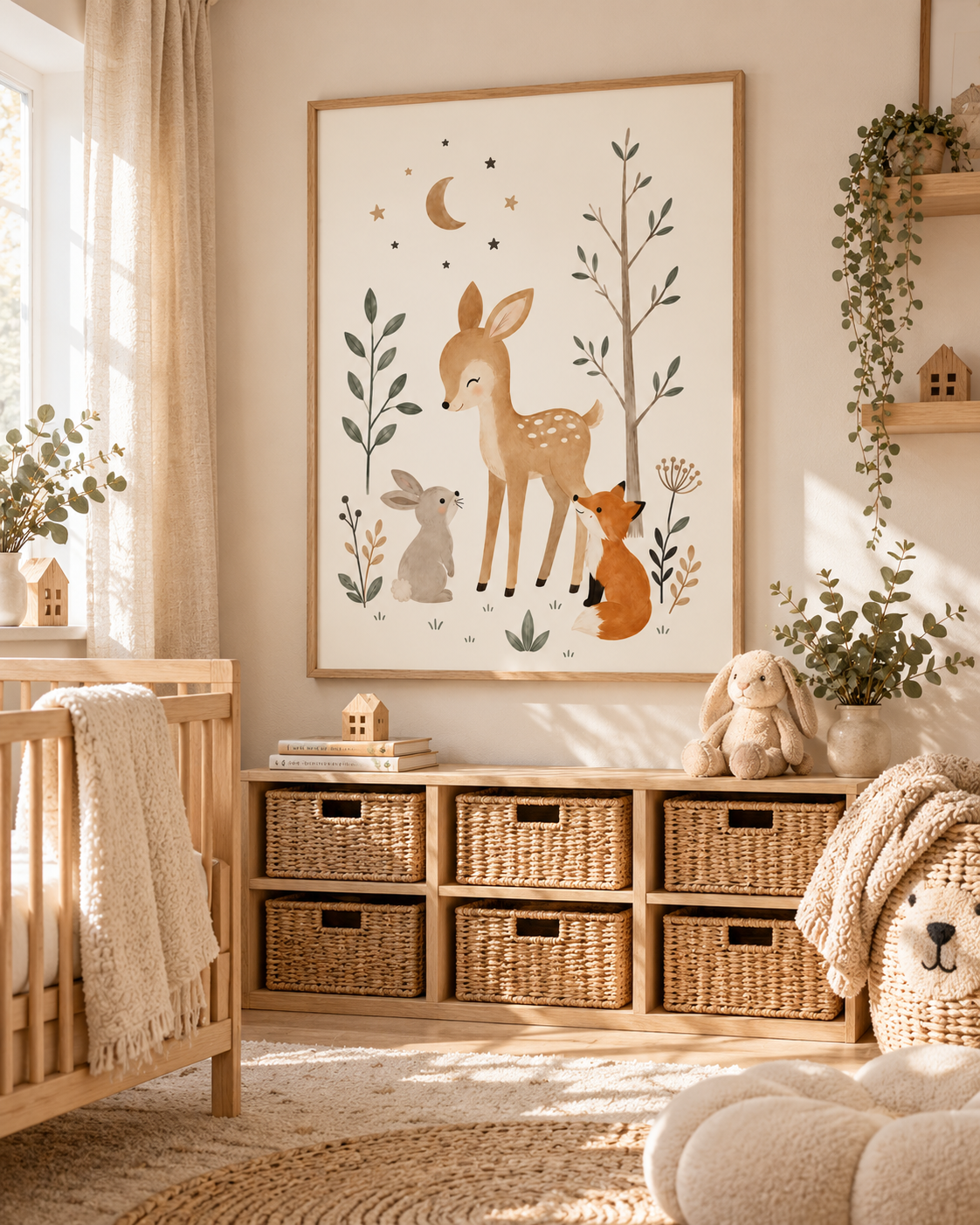 Woodland nursery fawn, fox and rabbit with moon, stars and sage foliage styled in a nursery
