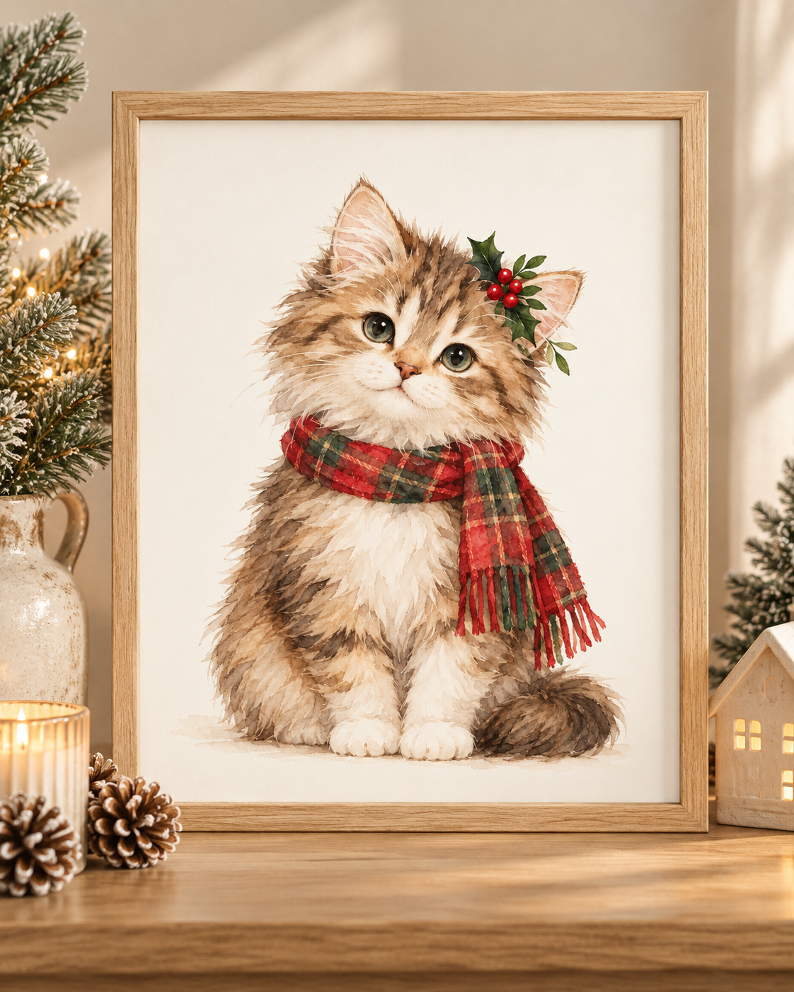 Fluffy Christmas tabby kitten wearing a tartan scarf and holly; print only, frame not included