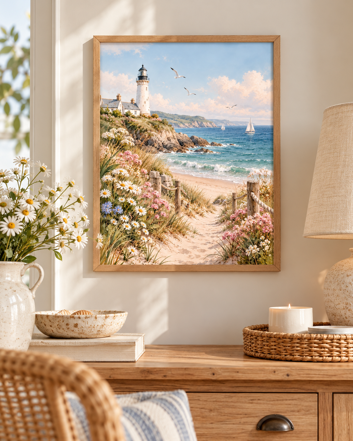White coastal lighthouse above a sandy beach path with turquoise waves, sailboats, white daisies and pink wildflowers styled in a desk display