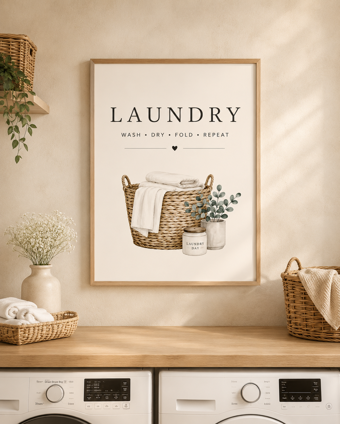 Laundry basket with folded linens, foliage and wash dry fold repeat lettering styled in a utility room washing machine