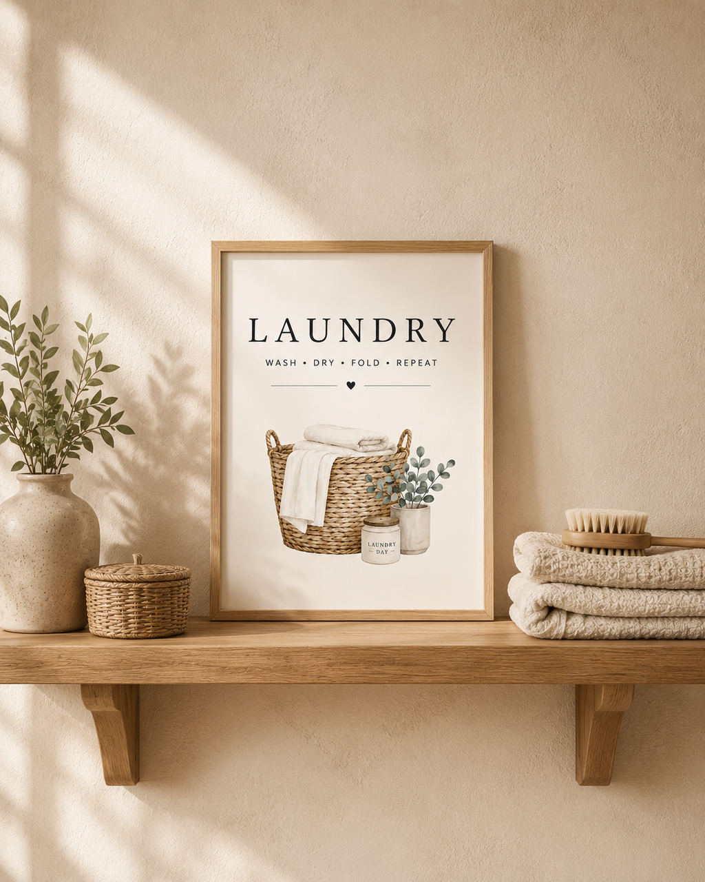 Laundry basket with folded linens, foliage and wash dry fold repeat lettering on a wooden shelf