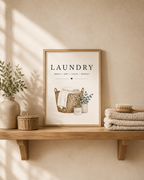 Laundry basket with folded linens, foliage and wash dry fold repeat lettering on a wooden shelf