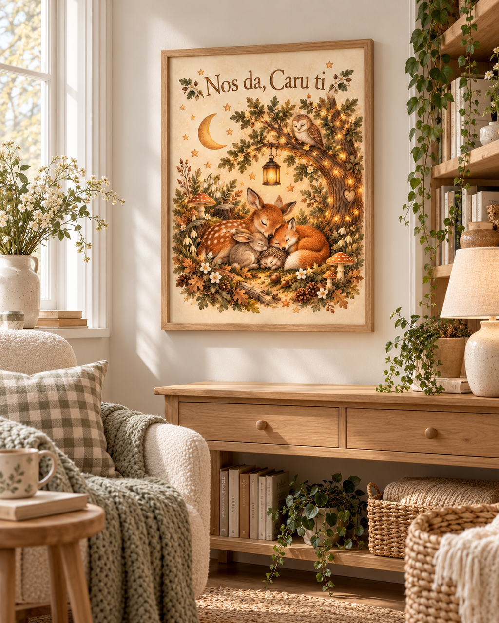 Nos da Caru ti Welsh goodnight woodland scene with sleeping fox and deer, owl, crescent moon, lantern and leafy tree styled in a nursery