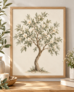 Watercolour botanical tree with sage green leaves, ivory white blossoms and a curved natural trunk on warm ivory; print only, frame not included