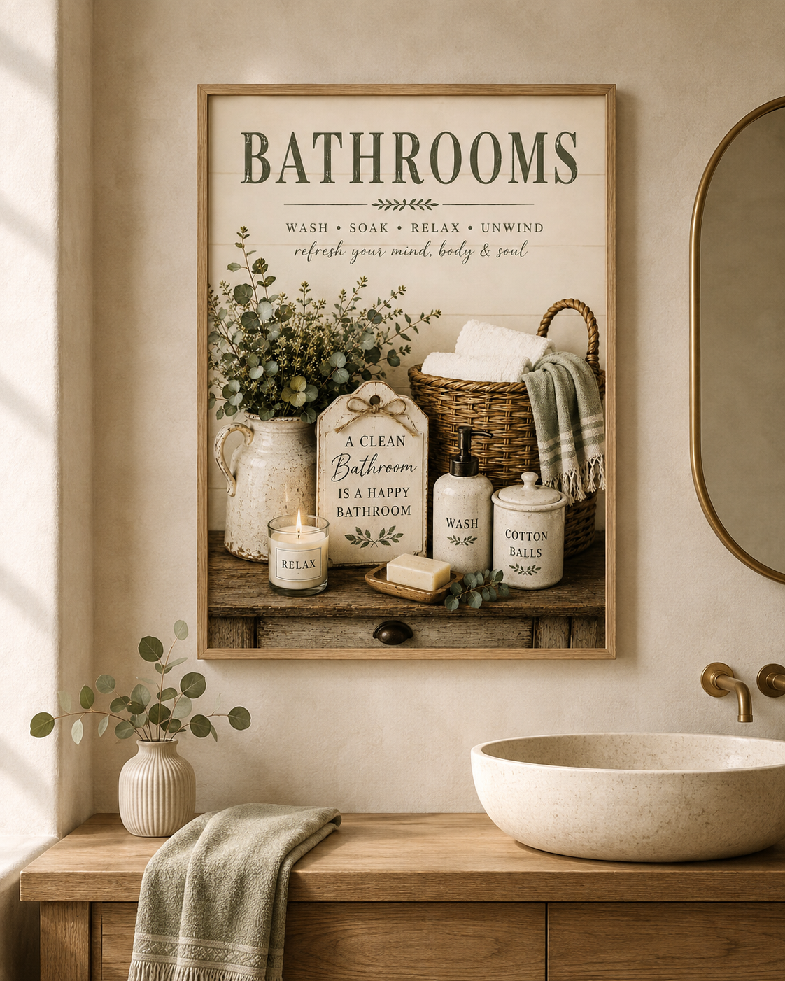 Farmhouse bathroom typography with wash soak relax unwind wording, sage foliage, towels, wicker basket and ceramic accessories; print only, frame not included