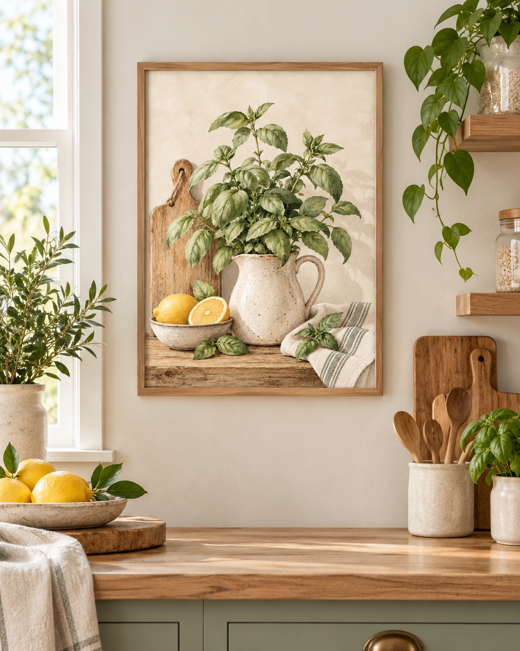 Watercolour basil plant in a speckled ceramic jug with lemons, wooden chopping board and striped kitchen cloth styled in a kitchen